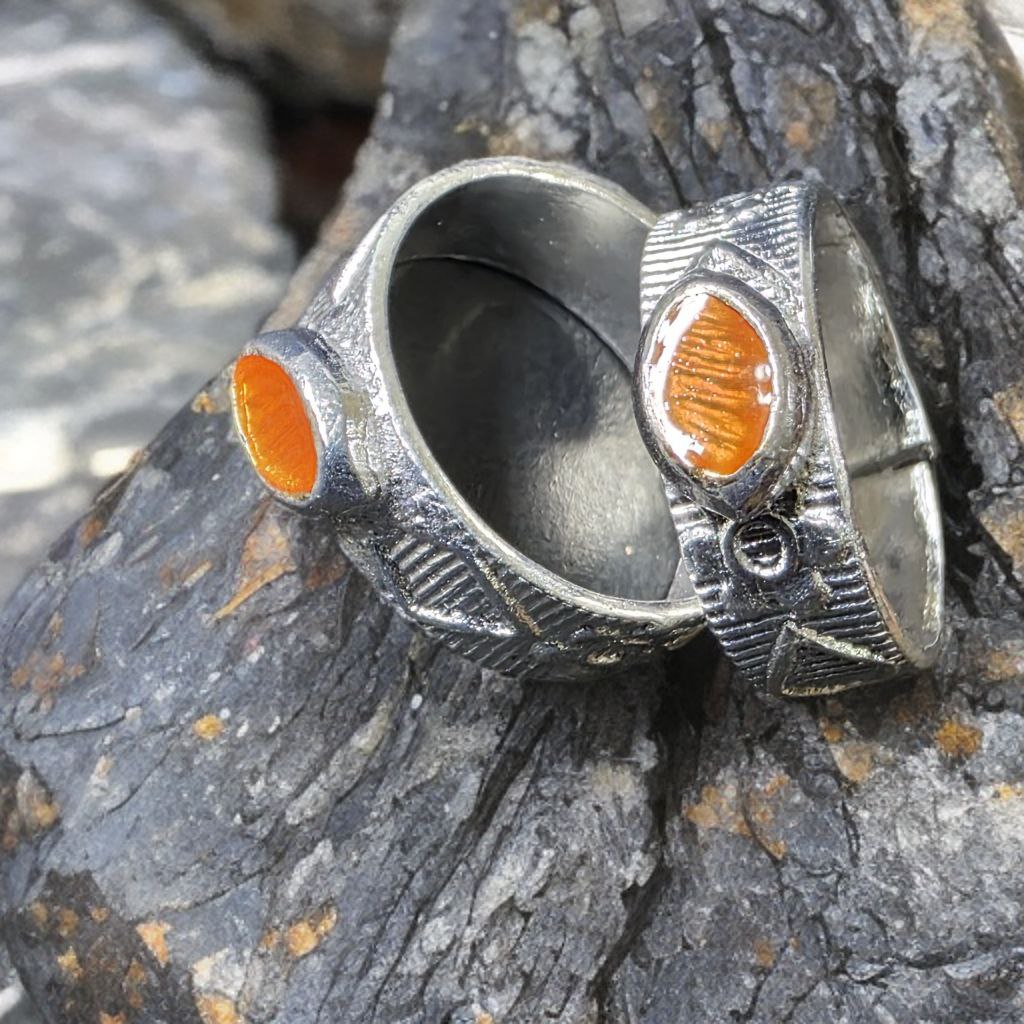 German Silver Toe Rings with orange oven and Bells, Traditional Indian Style, Adjustable Size, Silver, Set of 2