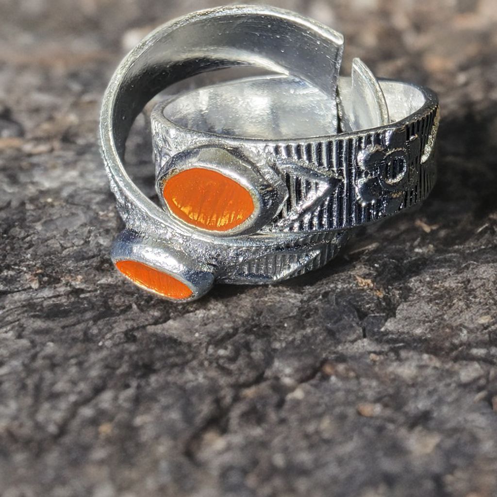 German Silver Toe Rings with orange oven and Bells, Traditional Indian Style, Adjustable Size, Silver, Set of 2