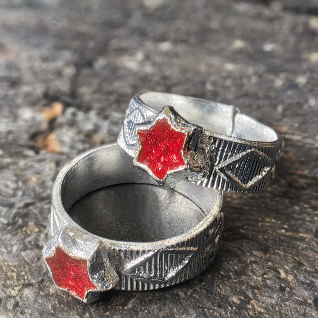Traditional German Silver Toe Rings, red Star Design, Adjustable Size, Silver Colour, Set of 2