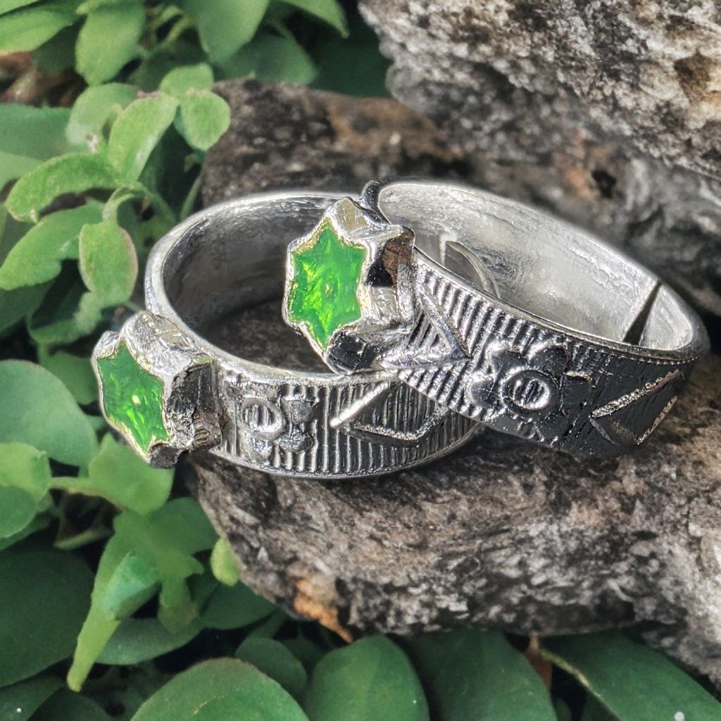 Traditional German Silver Toe Rings, green Star Design, Adjustable Size, Silver Colour, Set of 2