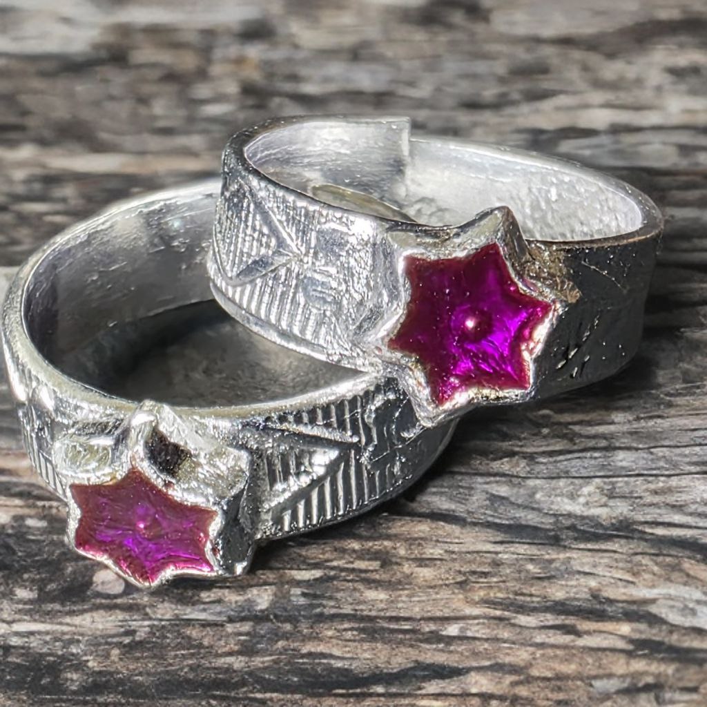 Traditional German Silver Toe Rings, Purple Star Design, Adjustable Size, Silver Colour, Set of 2