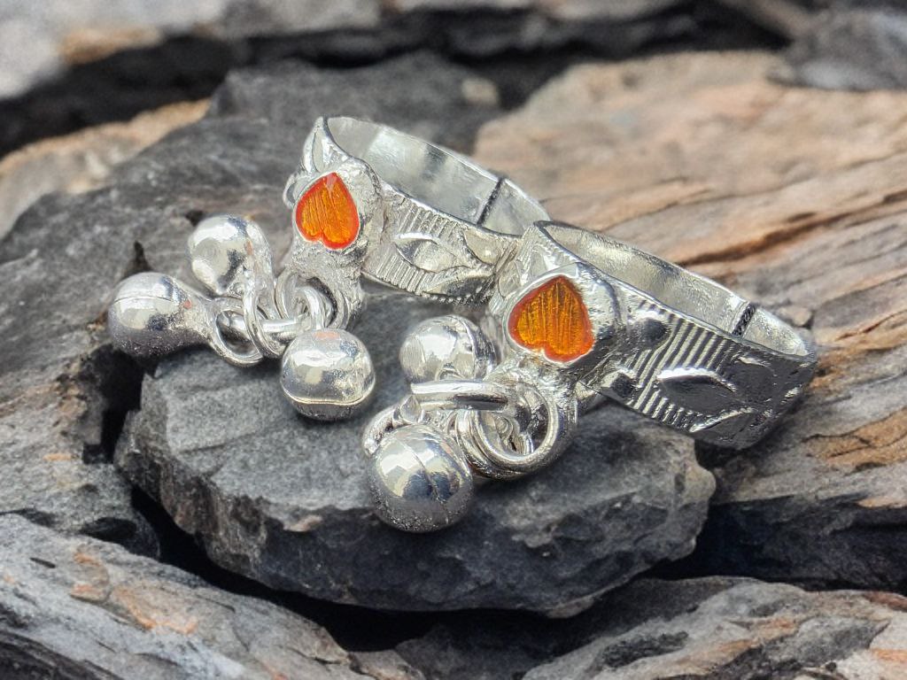 GERMANSILVERS Toe Ring with ORANGE Enamel Hearts, Silver Bell Charms, Traditional Design