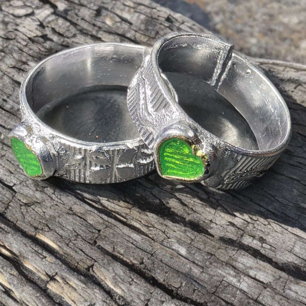 Traditional German Silver Toe Rings with Green Heart Design, Adjustable Size, Set of 2, Silver Colour