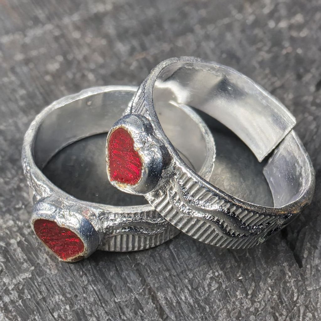 Traditional German Silver Toe Rings with Red Heart Design, Adjustable Size, Set of 2, Silver