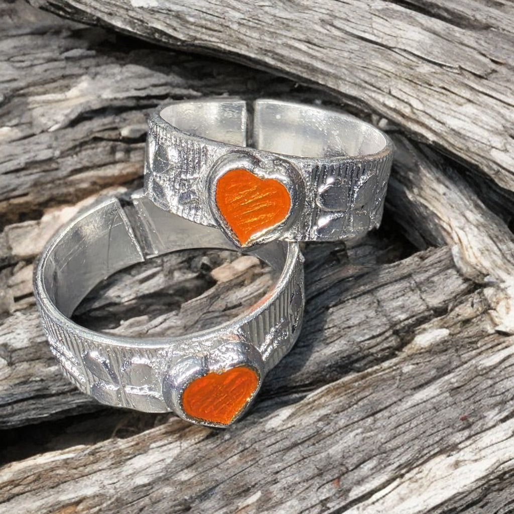 Traditional German Silver Toe Rings, orange Heart Design, Adjustable Size, Silver Colour, Set of 2