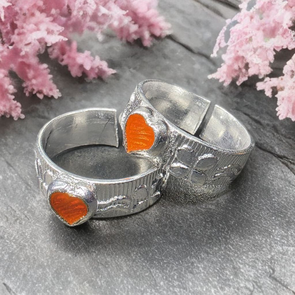 Traditional German Silver Toe Rings, orange Heart Design, Adjustable Size, Silver Colour, Set of 2