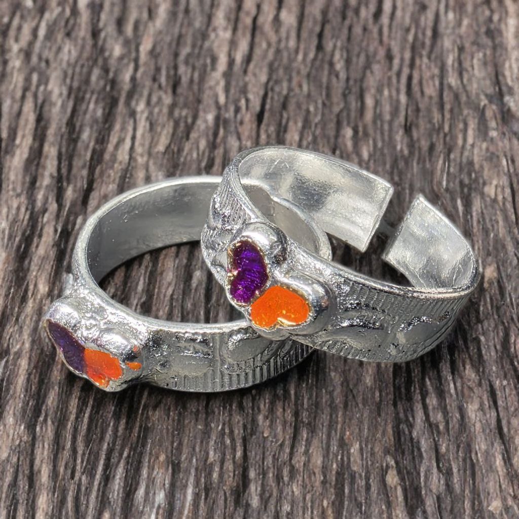 Handcrafted GERMANSILVERS Cuff Toe ring with Purple Amethyst and Orange Stone Accents, Textured Design