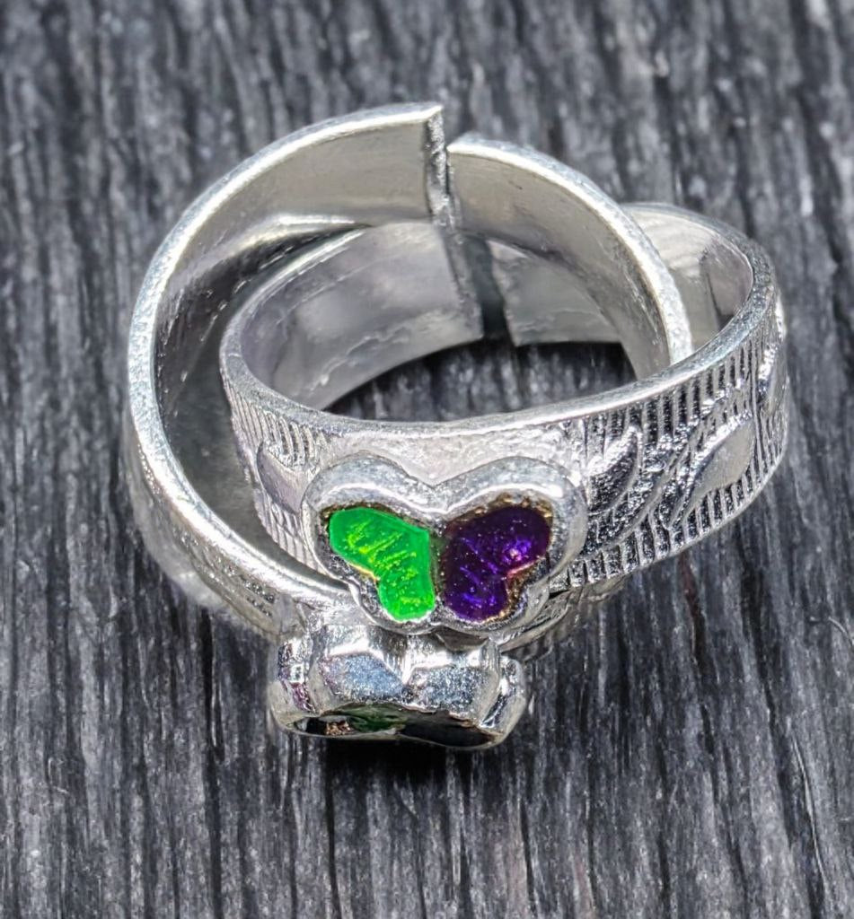 German Silver Toe Ring with Amethyst and Orange Stone Accents, Adjustable Band, Textured Design, 2.5 cm Length