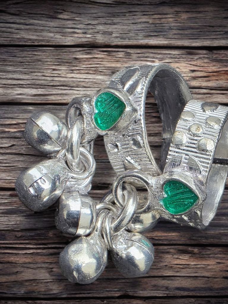 GERMANSILVERS Toe Ring with GREEN BLUE Enamel Hearts and Bell Charms, Adjustable Size, Traditional Design