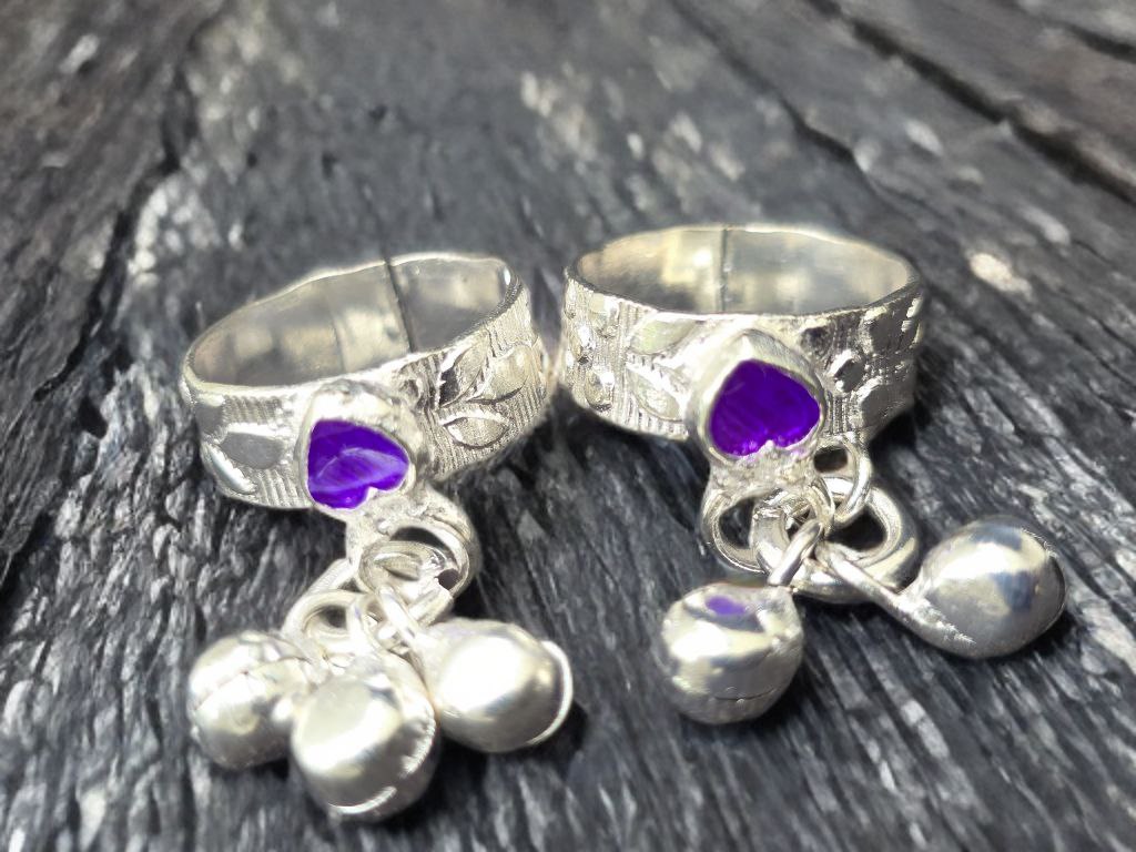 GERMANSILVERS Toe Ring with Purple Enamel Hearts and Bell Charms, Adjustable Size, Traditional Design