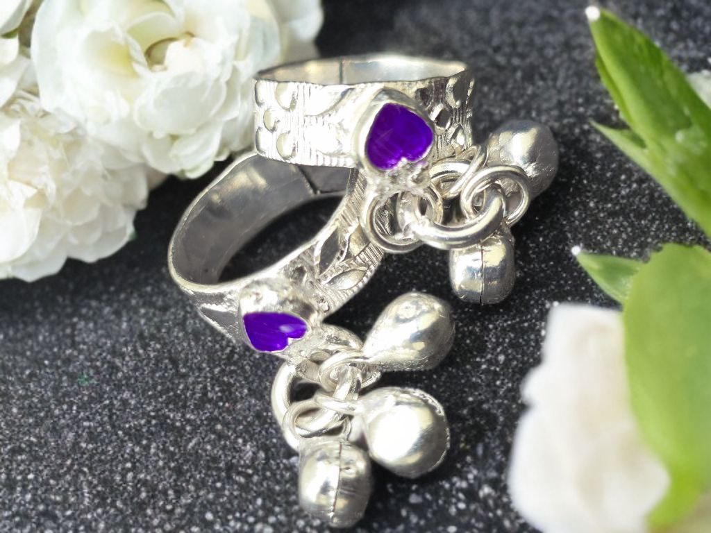 GERMANSILVERS Toe Ring with Purple Enamel Hearts and Bell Charms, Adjustable Size, Traditional Design