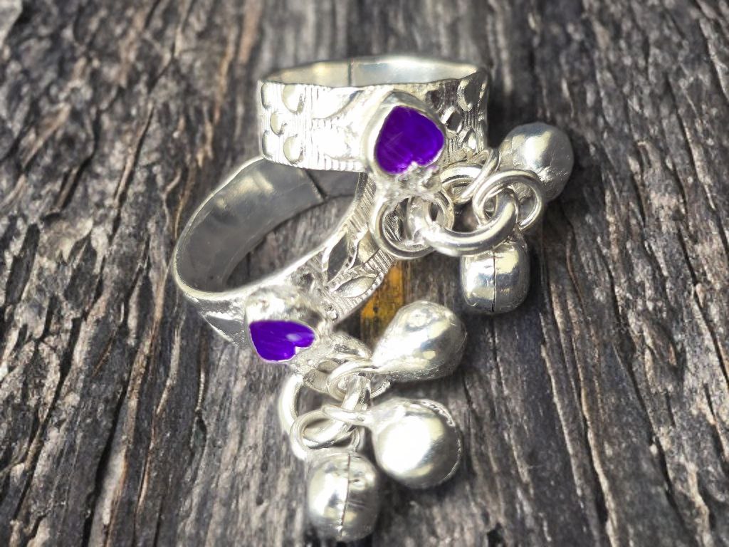 GERMANSILVERS Toe Ring with Purple Enamel Hearts and Bell Charms, Adjustable Size, Traditional Design