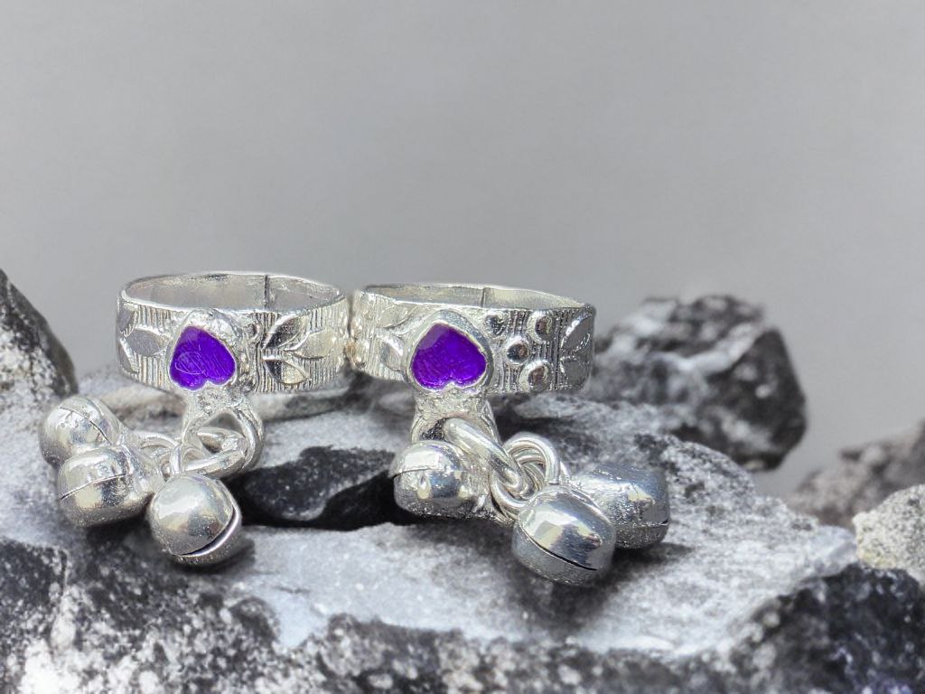GERMANSILVERS Toe Ring with Purple Enamel Hearts and Bell Charms, Adjustable Size, Traditional Design