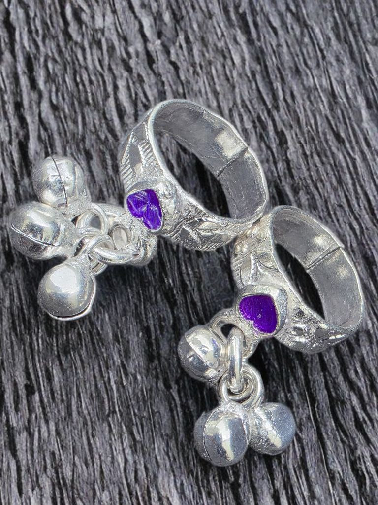 GERMANSILVERS Toe Ring with Purple Enamel Hearts and Bell Charms, Adjustable Size, Traditional Design