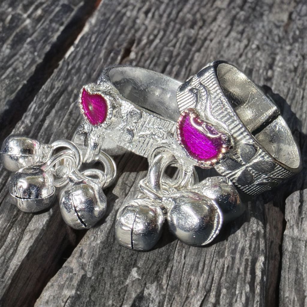 GERMANSILVERS Toe Ring with Purple Enamel, Heart Design and Bell Charms, Adjustable Size, Traditional Style