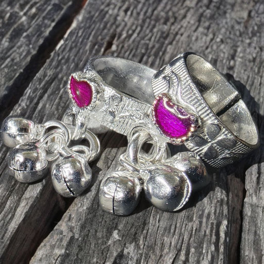 GERMANSILVERS Toe Ring with Purple Enamel, Heart Design and Bell Charms, Adjustable Size, Traditional Style