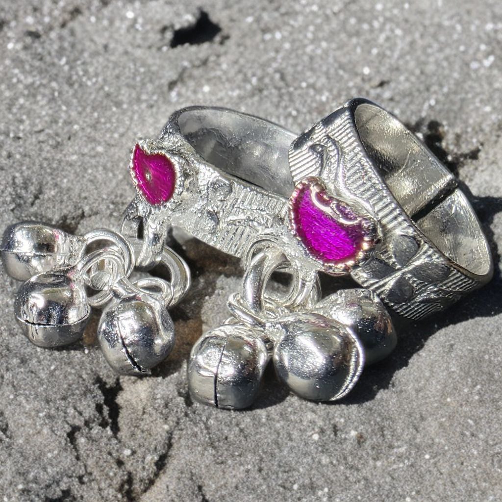 GERMANSILVERS Toe Ring with Purple Enamel, Heart Design and Bell Charms, Adjustable Size, Traditional Style
