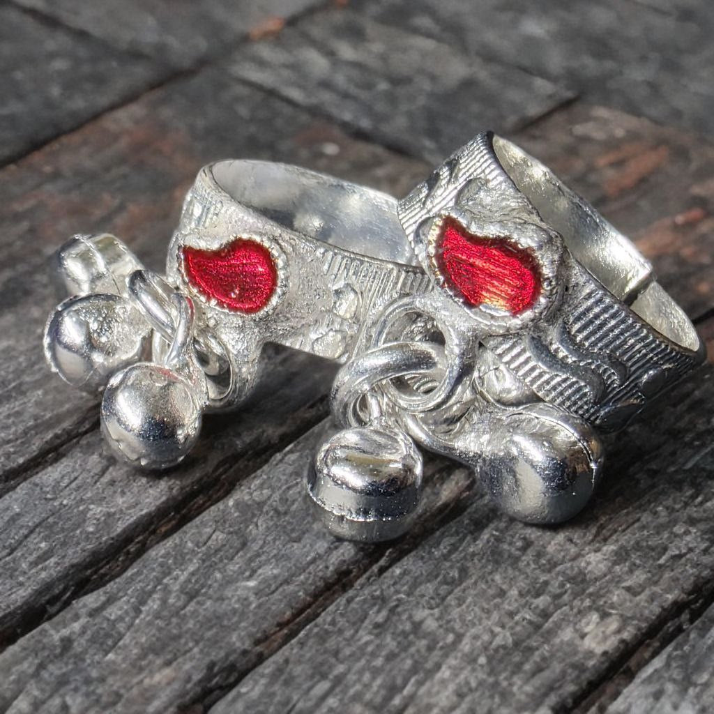 GERMANSILVERS Toe Ring Set with Red Heart Design, Adjustable Size, Traditional Bell Charms, 2 Pieces  Toe Ring Set with Red Heart Design, Adjustable Size, Traditional Bell Charms, 2 Pieces