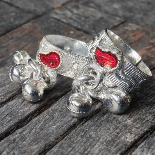 GERMANSILVERS Toe Ring Set with Red Heart Design, Adjustable Size, Traditional Bell Charms, 2 Pieces  Toe Ring Set with Red Heart Design, Adjustable Size, Traditional Bell Charms, 2 Pieces