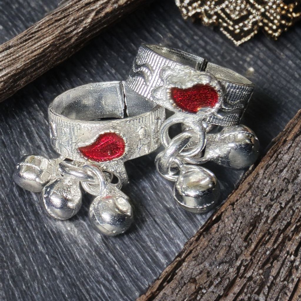 GERMANSILVERS Toe Ring Set with Red Heart Design, Adjustable Size, Traditional Bell Charms, 2 Pieces  Toe Ring Set with Red Heart Design, Adjustable Size, Traditional Bell Charms, 2 Pieces