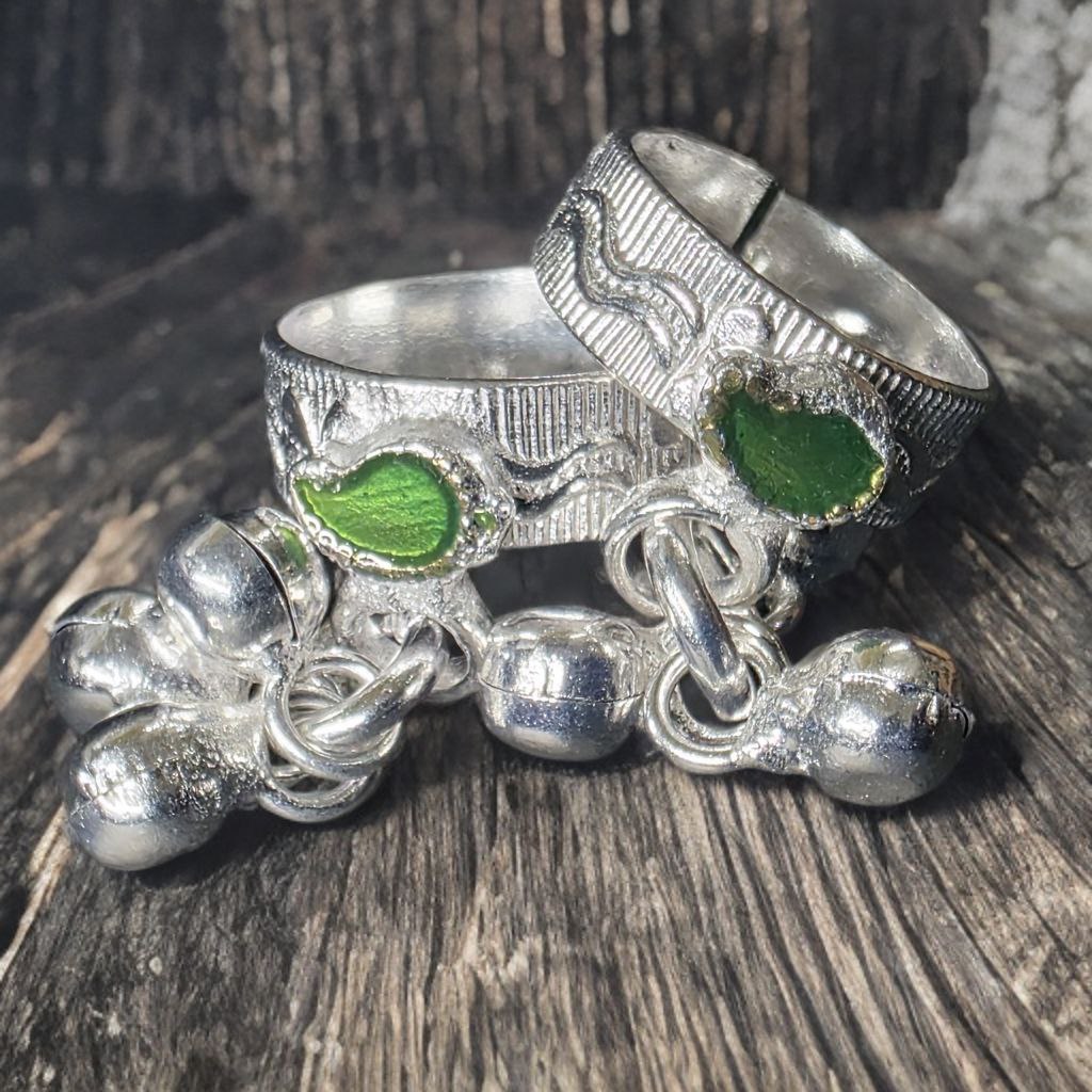 GERMANSILVERS Toe Ring Set with GREEN  MANGO Design, Adjustable Size, Traditional Bell Charms, 2 Pieces