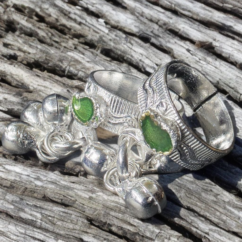 GERMANSILVERS Toe Ring Set with GREEN  MANGO Design, Adjustable Size, Traditional Bell Charms, 2 Pieces