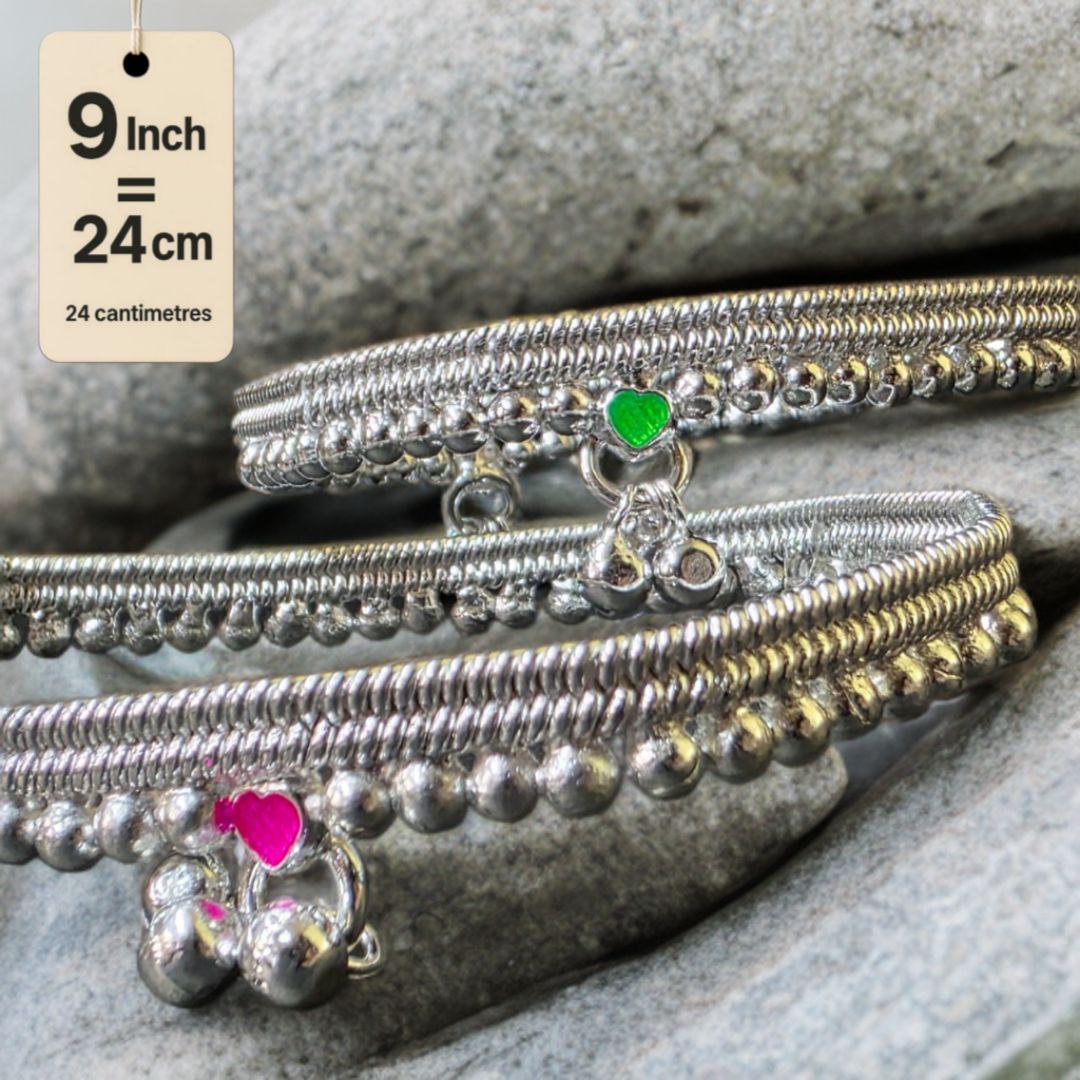 German Silver -Silver Plated Silver Ball Anklet with NON-Adjustable Size, Contemporary Style, Silver PLATED, 2-Piece Set-9 Inch Coloured Heart Details, Set of 2