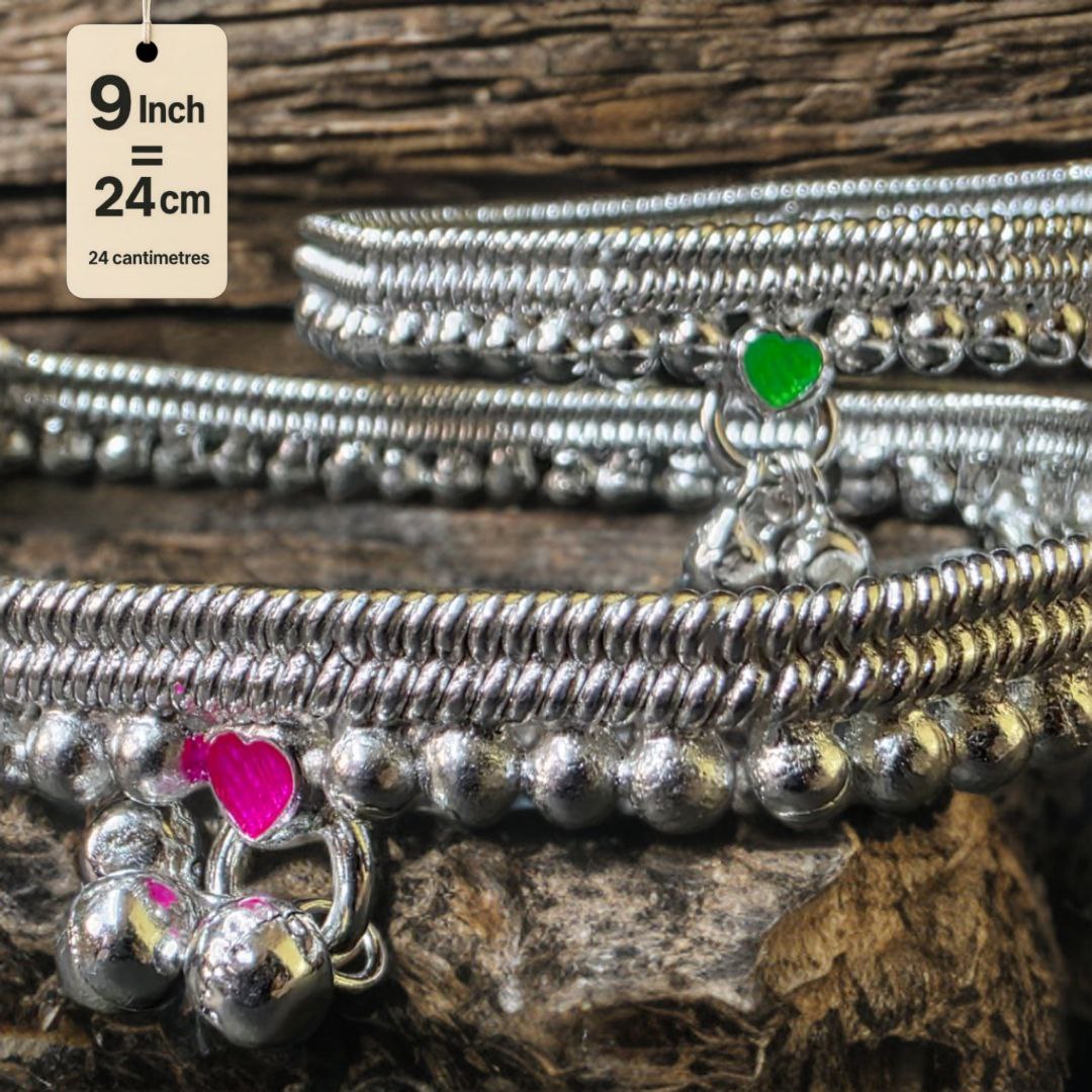 German Silver -Silver Plated Silver Ball Anklet with NON-Adjustable Size, Contemporary Style, Silver PLATED, 2-Piece Set-9 Inch Coloured Heart Details, Set of 2