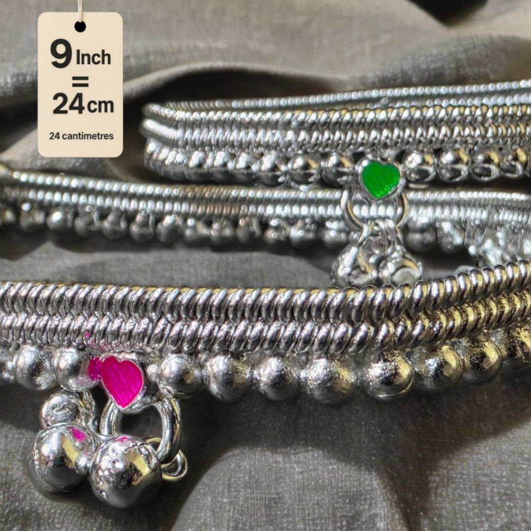 German Silver -Silver Plated Silver Ball Anklet with NON-Adjustable Size, Contemporary Style, Silver PLATED, 2-Piece Set-9 Inch Coloured Heart Details, Set of 2