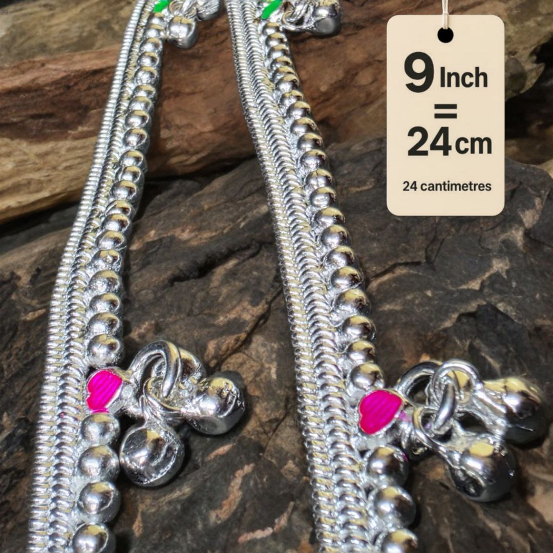 German Silver -Silver Plated Silver Ball Anklet with NON-Adjustable Size, Contemporary Style, Silver PLATED, 2-Piece Set-9 Inch Coloured Heart Details, Set of 2