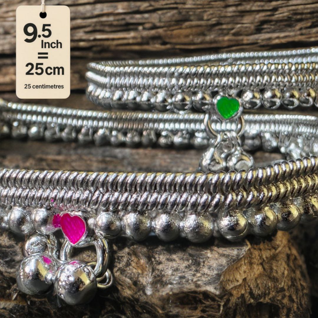 German Silver -Silver Plated Silver Ball Anklet with NON-Adjustable Size, Contemporary Style, Silver PLATED, 2-Piece Set-9.5 Inch Coloured Heart Details, Set of 2