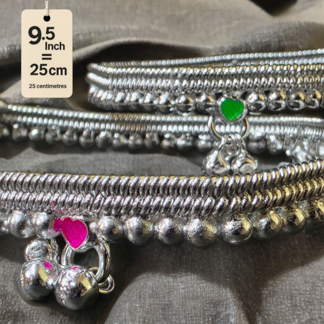 German Silver -Silver Plated Silver Ball Anklet with NON-Adjustable Size, Contemporary Style, Silver PLATED, 2-Piece Set-9.5 Inch Coloured Heart Details, Set of 2