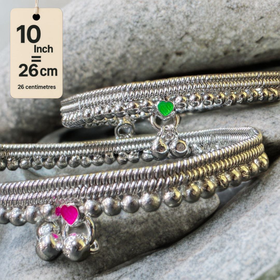 German Silver -Silver Plated Silver Ball Anklet with NON-Adjustable Size, Contemporary Style, Silver PLATED, 2-Piece Set-10 Inch Coloured Heart Details, Set of 2