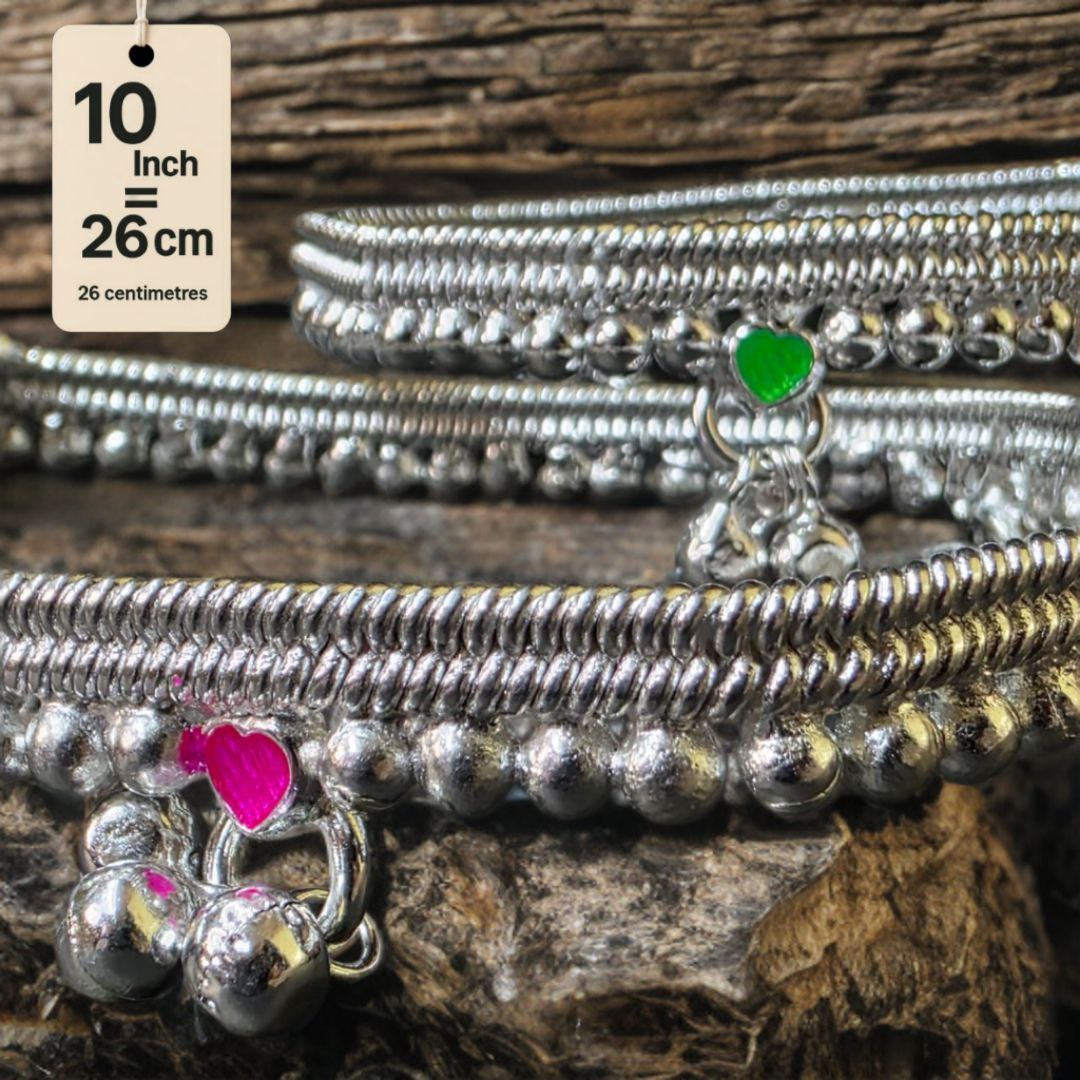 German Silver -Silver Plated Silver Ball Anklet with NON-Adjustable Size, Contemporary Style, Silver PLATED, 2-Piece Set-10 Inch Coloured Heart Details, Set of 2