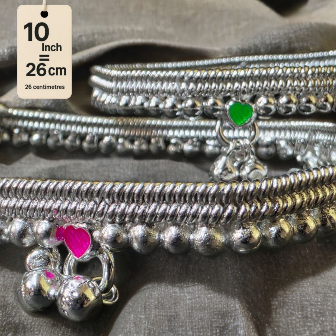 German Silver -Silver Plated Silver Ball Anklet with NON-Adjustable Size, Contemporary Style, Silver PLATED, 2-Piece Set-10 Inch Coloured Heart Details, Set of 2