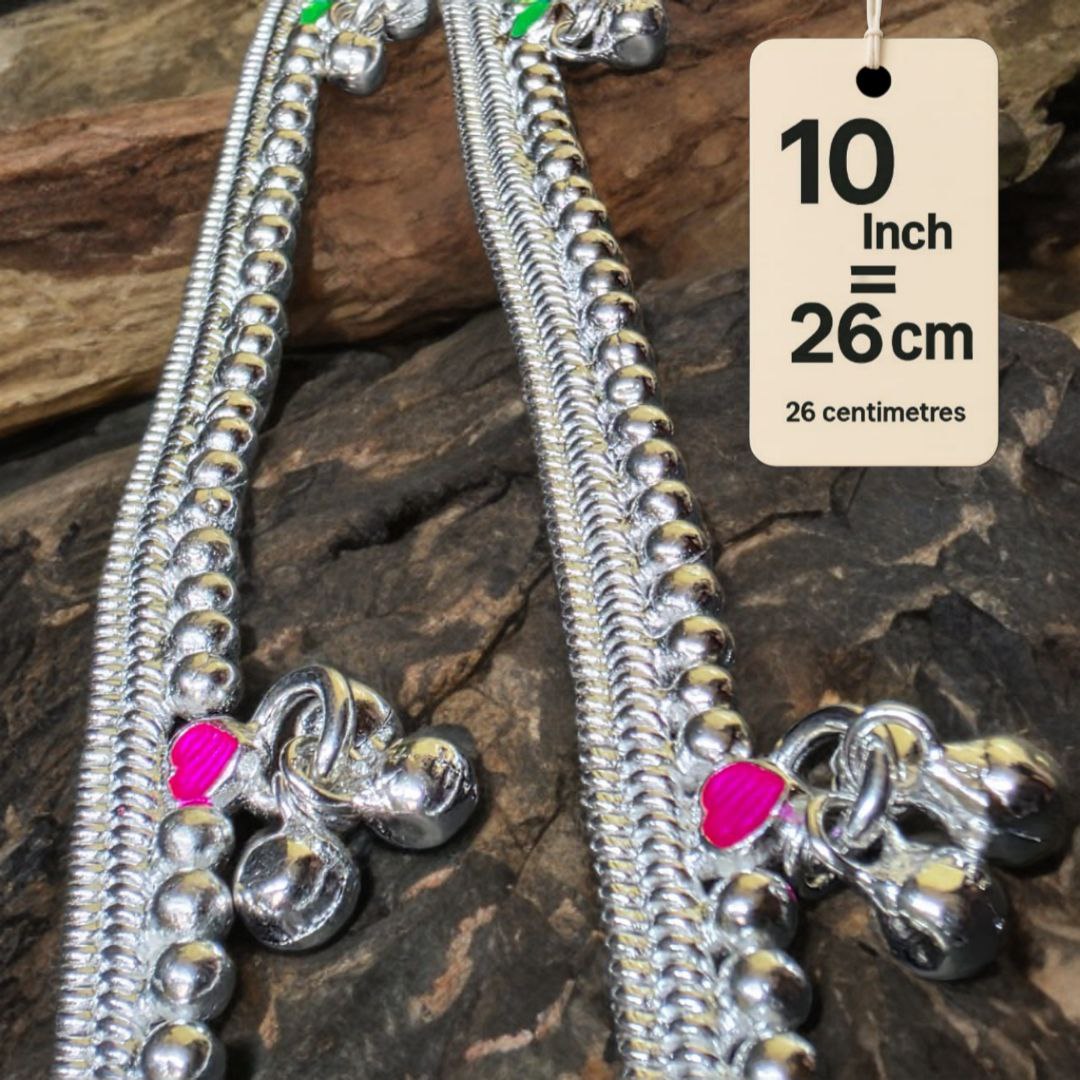 German Silver -Silver Plated Silver Ball Anklet with NON-Adjustable Size, Contemporary Style, Silver PLATED, 2-Piece Set-10 Inch Coloured Heart Details, Set of 2