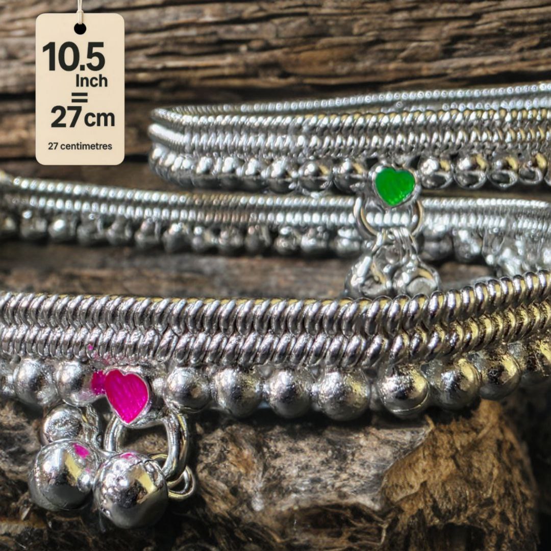 German Silver -Silver Plated Silver Ball Anklet with NON-Adjustable Size, Contemporary Style, Silver PLATED, 2-Piece Set-10.5 Inch Coloured Heart Details, Set of 2