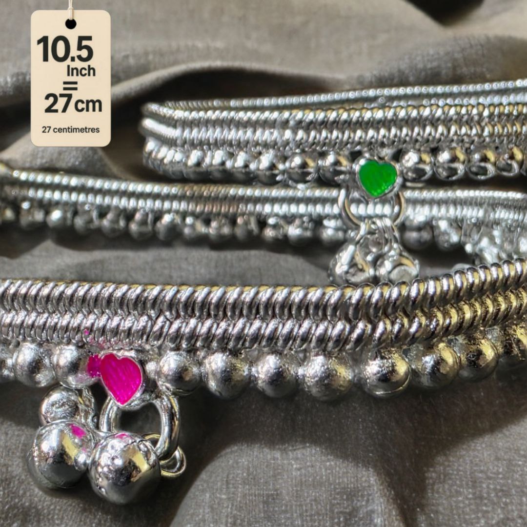 German Silver -Silver Plated Silver Ball Anklet with NON-Adjustable Size, Contemporary Style, Silver PLATED, 2-Piece Set-10.5 Inch Coloured Heart Details, Set of 2