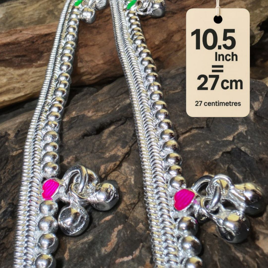 German Silver -Silver Plated Silver Ball Anklet with NON-Adjustable Size, Contemporary Style, Silver PLATED, 2-Piece Set-10.5 Inch Coloured Heart Details, Set of 2