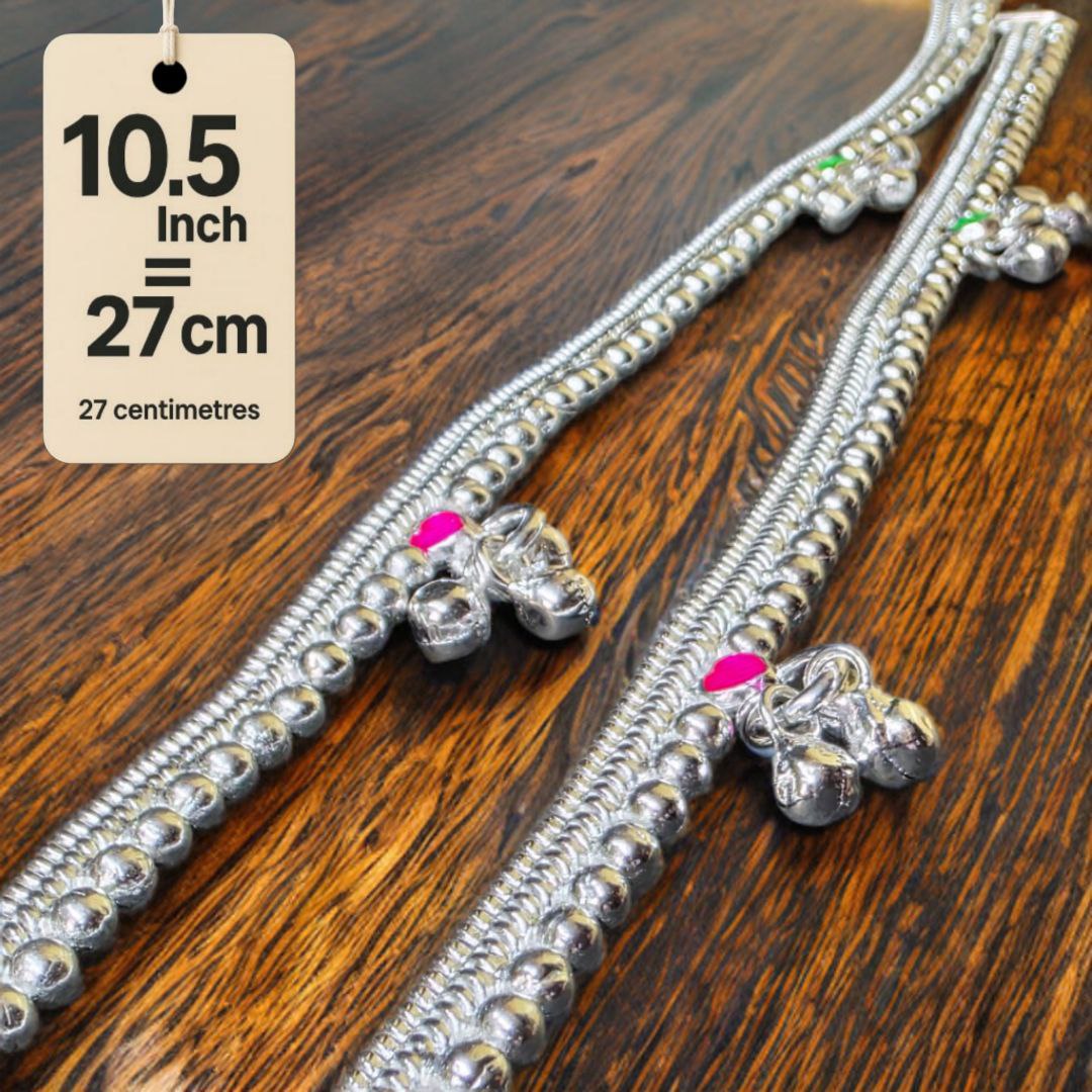 German Silver -Silver Plated Silver Ball Anklet with NON-Adjustable Size, Contemporary Style, Silver PLATED, 2-Piece Set-10.5 Inch Coloured Heart Details, Set of 2