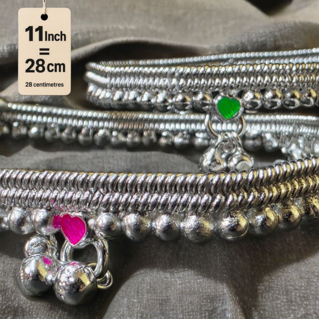 German Silver -Silver Plated Silver Ball Anklet with NON-Adjustable Size, Contemporary Style, Silver PLATED, 2-Piece Set-11 Inch Coloured Heart Details, Set of 2