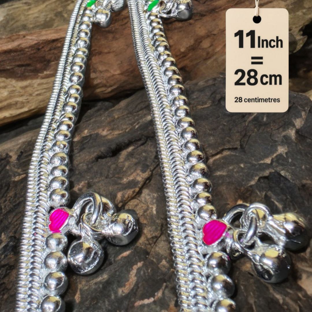 German Silver -Silver Plated Silver Ball Anklet with NON-Adjustable Size, Contemporary Style, Silver PLATED, 2-Piece Set-11 Inch Coloured Heart Details, Set of 2