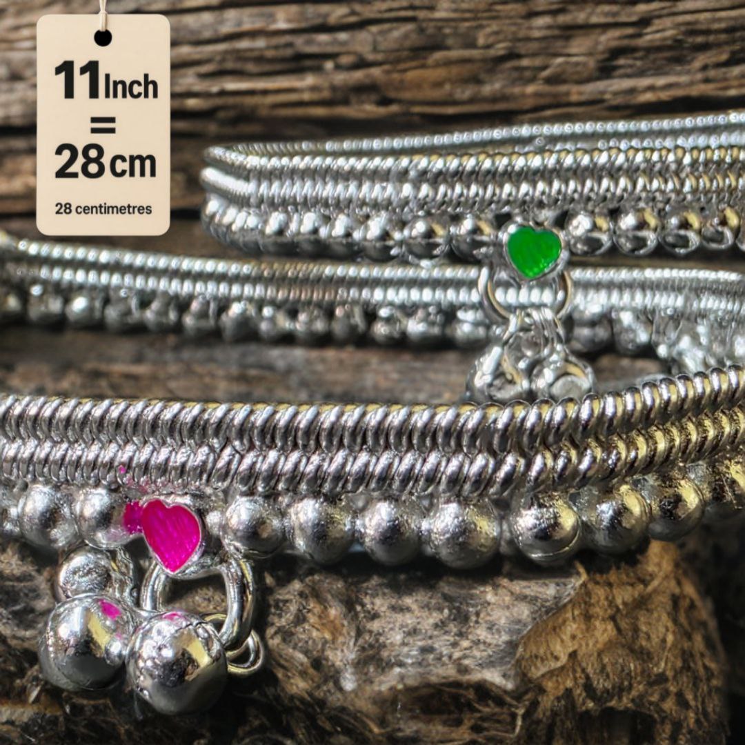 German Silver -Silver Plated Silver Ball Anklet with NON-Adjustable Size, Contemporary Style, Silver PLATED, 2-Piece Set-11 Inch Coloured Heart Details, Set of 2