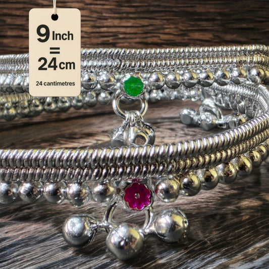 German Silver -Silver Plated Silver Ball Anklet with NON-Adjustable Size, Contemporary Style, Silver PLATED, 2-Piece Set-9 Inch Coloured Common sunflower Details, Set of 2