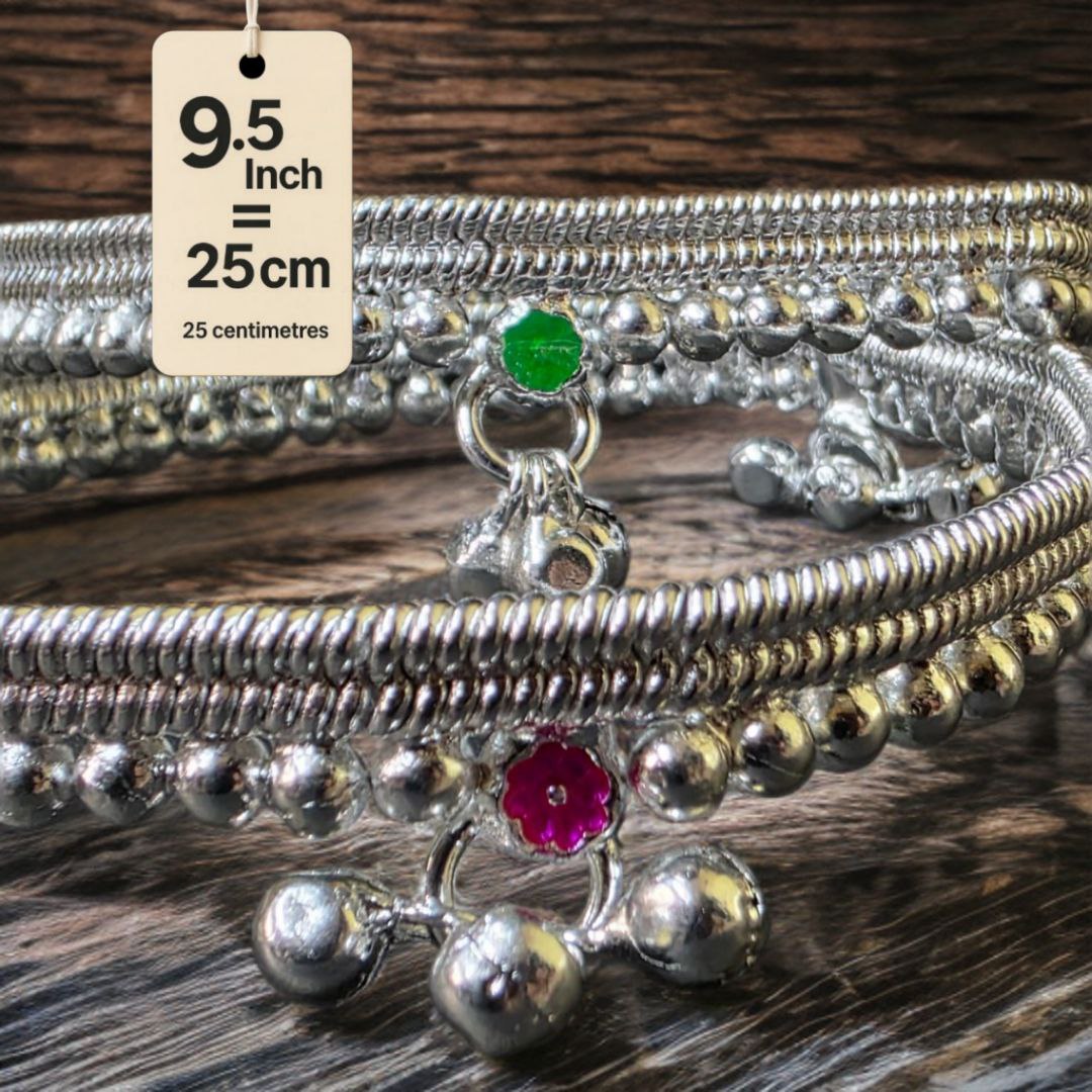 German Silver -Silver Plated Silver Ball Anklet with NON-Adjustable Size, Contemporary Style, Silver PLATED, 2-Piece Set-9.5 Inch Coloured Common sunflower Details, Set of 2