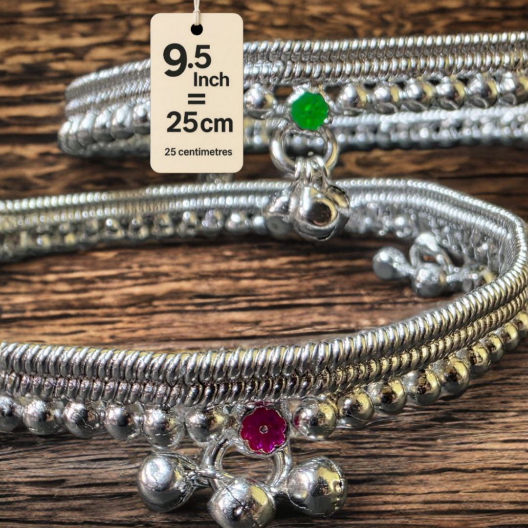 German Silver -Silver Plated Silver Ball Anklet with NON-Adjustable Size, Contemporary Style, Silver PLATED, 2-Piece Set-9.5 Inch Coloured Common sunflower Details, Set of 2