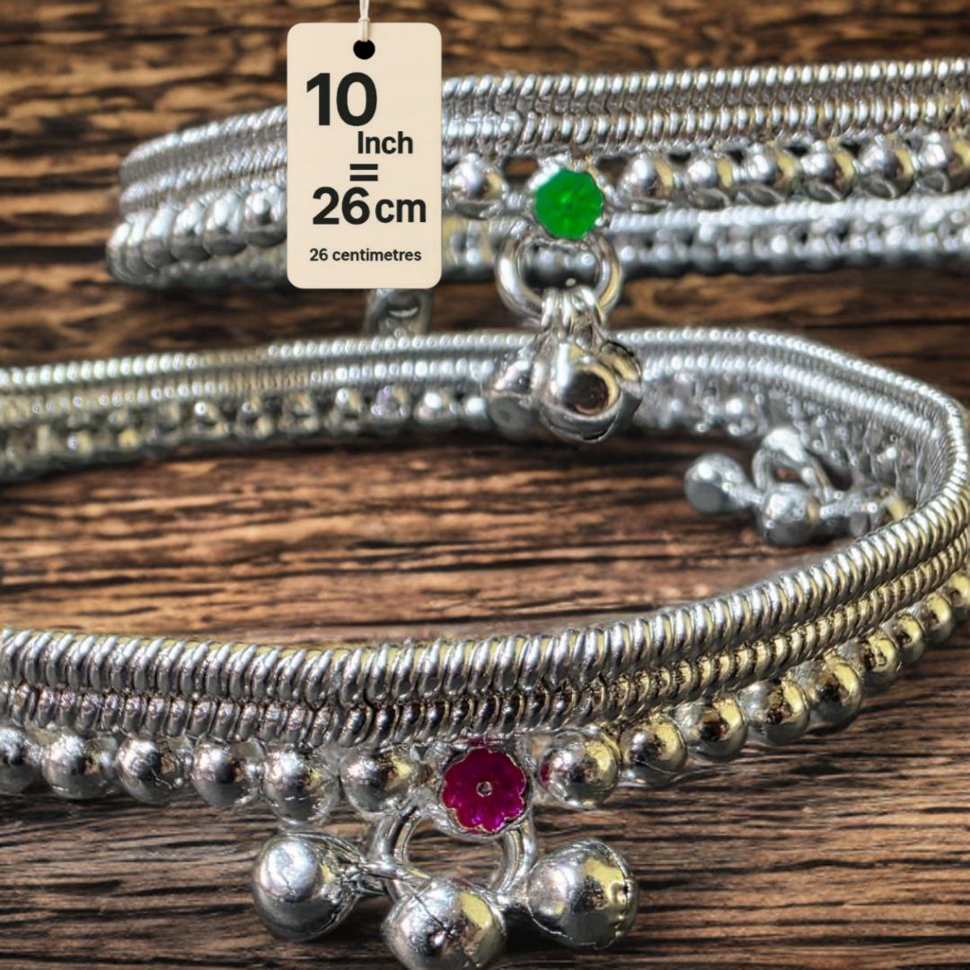 German Silver -Silver Plated Silver Ball Anklet with NON-Adjustable Size, Contemporary Style, Silver PLATED, 2-Piece Set-10 Inch Coloured Common sunflower Details, Set of 2