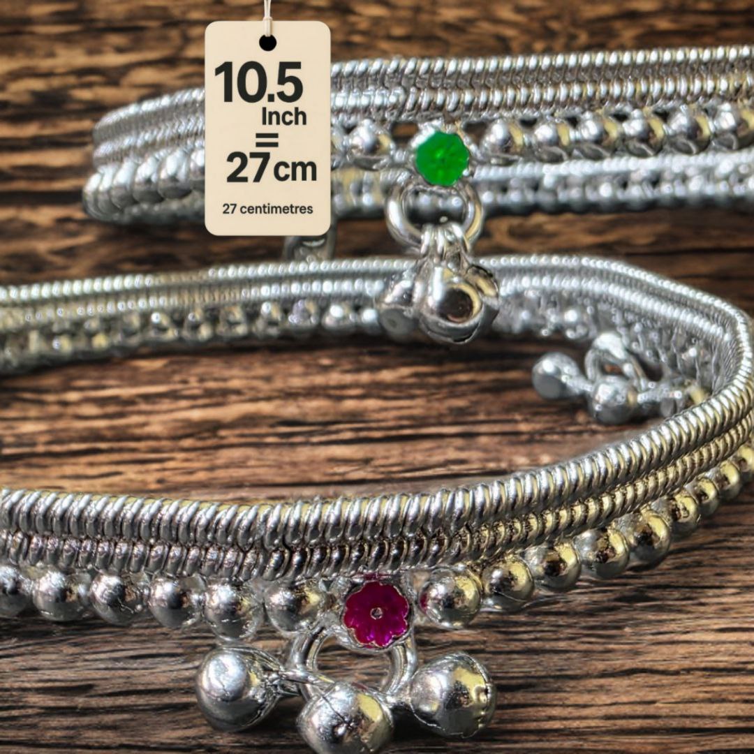 German Silver -Silver Plated Silver Ball Anklet with NON-Adjustable Size, Contemporary Style, Silver PLATED, 2-Piece Set-10.5 Inch Coloured Common sunflower Details, Set of 2