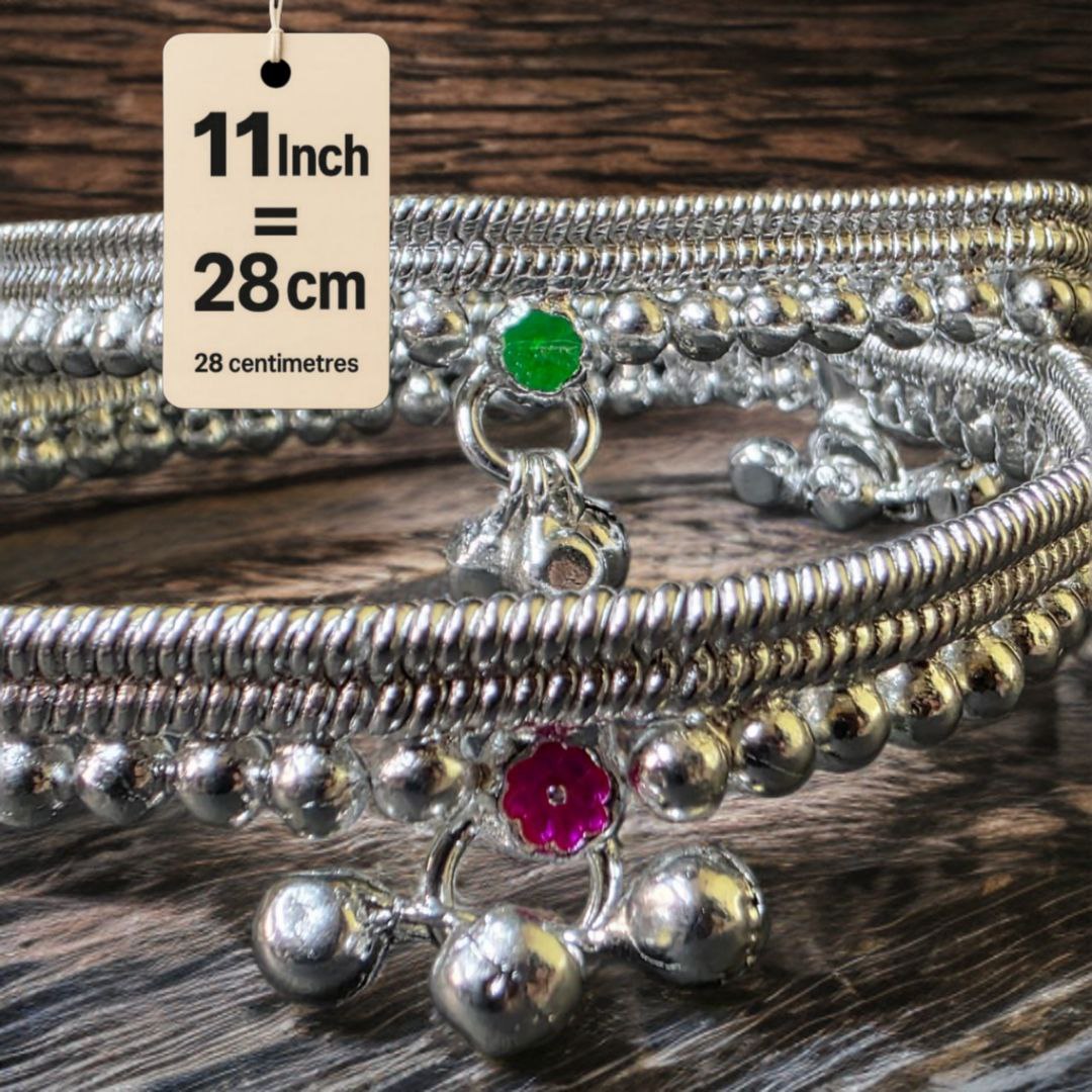 German Silver -Silver Plated Silver Ball Anklet with NON-Adjustable Size, Contemporary Style, Silver PLATED, 2-Piece Set-11 Inch Coloured Common sunflower Details, Set of 2