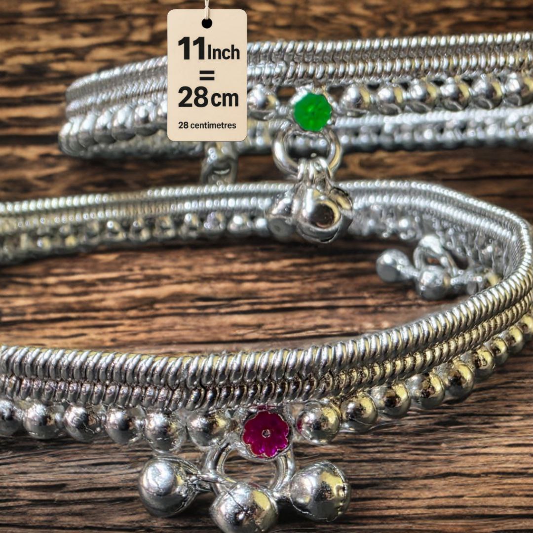 German Silver -Silver Plated Silver Ball Anklet with NON-Adjustable Size, Contemporary Style, Silver PLATED, 2-Piece Set-11 Inch Coloured Common sunflower Details, Set of 2